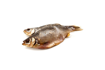 Dried salted fish sticks isolated on white.