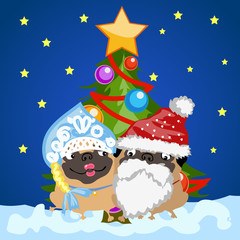 Two pug dogs in Christmas costumes Santa Claus and snow maiden on the background of the Christmas tree. Sample of the poster, party invitation and other cards. Vector illustration.