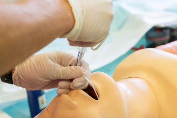 Endotracheal intubation on a medical practice puppet