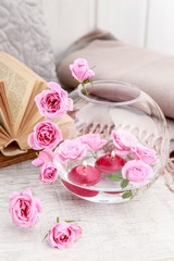 How to make Valentine's Day table decoration with pink roses and floating candles inside a big glass sphere, tutorial.