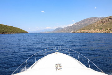 Beautiful landscape of Ionian sea traveling on a yacht during summer holidays.