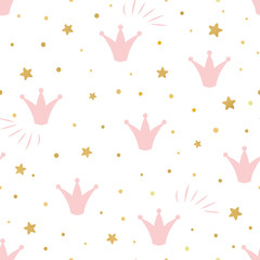 Fototapety  Pink cute princess pattern Seamless background with a pink crown gold stars on a white background vector