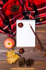Autumn still life - notebook, pencil, blanket and gifts of autumn on a wooden background. Top view