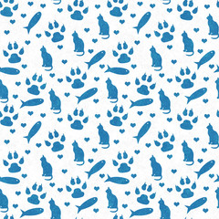 Blue and white cat,  paw prints, fish, and hearts seamless and repeat pattern background