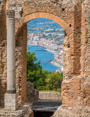 Ruins of the Ancient Greek Theater in Taormina with the sea in the background. Province of Messina,...