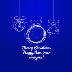 Hand drawn silhouettes of Christmas balls on a blue background. Sample of the poster, party invitation and other cards. Vector illustration.