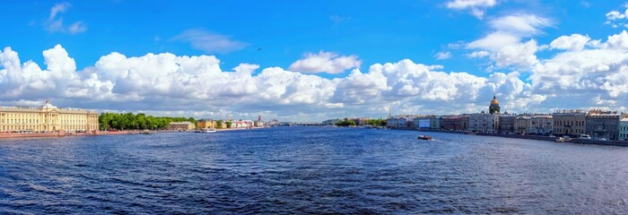 Blue cloudy sky above Neva river of Saint Petersburg in summer