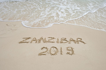 zanzibar script on light sand and ocean wave