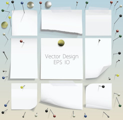Set of realistic pushpins, thumb tacks, transparent adhesive tapes and white notes. Vector illustration.