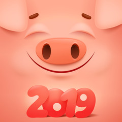 Happy chinese new year 2019 banner card with cute cartoon pig character