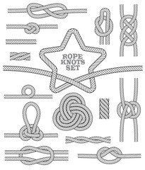 Set of rope knots and rug. Seamless decorative elements. Vector illustration.