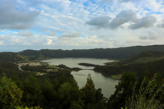 Beautiful lagoon surrounded by mountains. Ancient volcano crater. Seven Cities lagoon Azores Islands Portugal