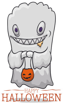 Mischievous Ghost Ready for Candy Recollection, Vector Illustration
