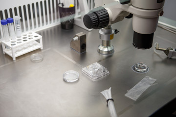 The equipment in the laboratory of the clinic of in vitro fertilization IVF. Microscope, tubes, nitrogen, other devices for chemical manipulations in the laboratory