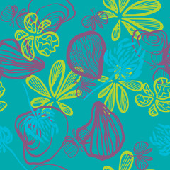 Fototapeta na wymiar Turquoise background with abstract seashells butterflies and flowers vector seamless pattern