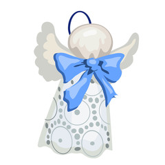 Christmas toy in the form of a figurine of an angel made of cloth with a blue bow isolated on white background. Vector illustration.