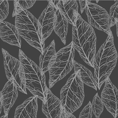 Behang Grijze bladeren op wit naadloos patroon als achtergrond © YuliaMel