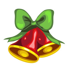 Christmas toy in the form of red bells with green bow isolated on white background. Vector illustration.