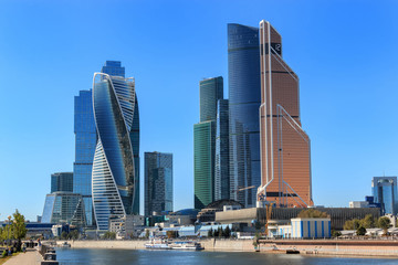 Fototapeta na wymiar Moscow, Russia - August 29, 2016: Closeup panorama of international business Russian Center in Moscow city
