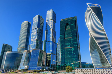 Moscow, Russia - August 29, 2016: Closeup panorama of international business Russian Center in Moscow city