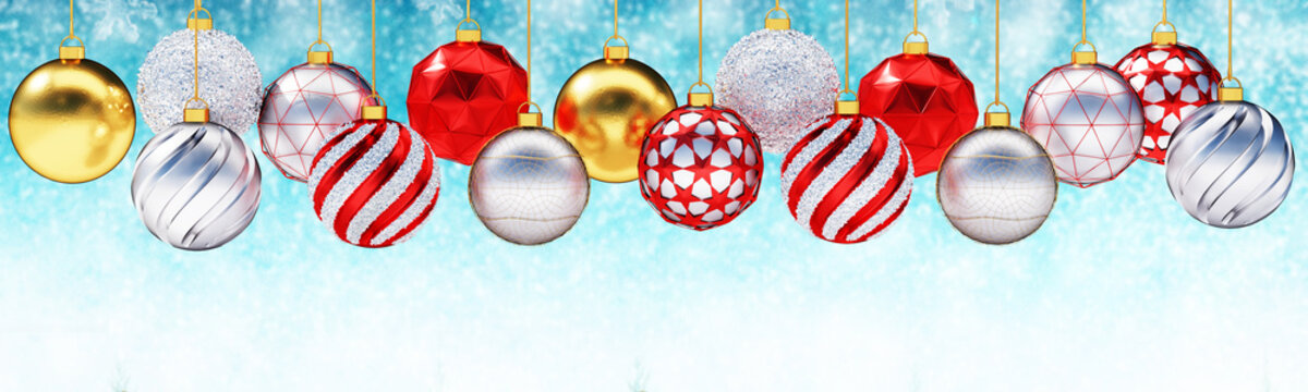 Multiple metallic christmas balls against snow background.