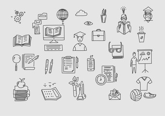 Hand drawn vector doodle school icons and symbols.