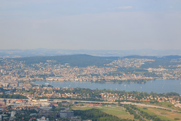 Obraz premium Aerial view of historic Zurich city center with lake, canton of Zurich, Switzerland. Sunny day in summer