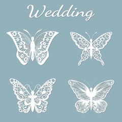 Image with the inscription-wedding. Template with vector illustration of butterflies. For laser cutting, plotter and silkscreen printing.