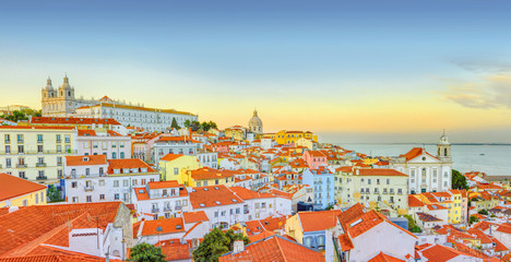 Old Lisbon town panoramic view at sunset. Portugal.