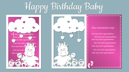 The image with the inscription-Happy birthday. Template with vector illustration of toys. For laser cutting, plotter and silkscreen printing. Hippo, shoes, rattle, shoes, Hippo girl,