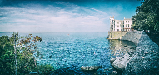Miramare castle near Trieste, Italy, analog filter - obrazy, fototapety, plakaty