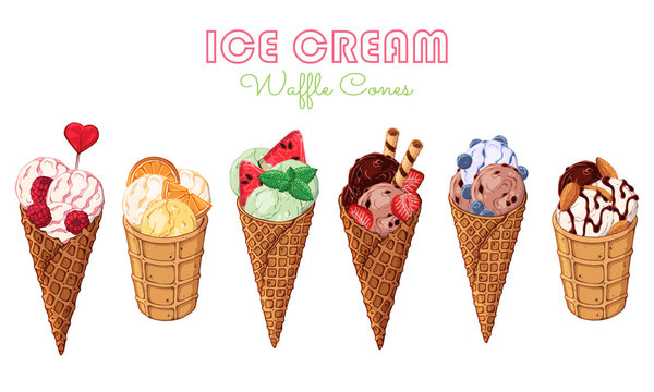 Vector illustrations on the sweets theme; set of different kinds of ice cream in waffle cones decorated with berries, chocolate or nuts. Realistic isolated objects for your design.