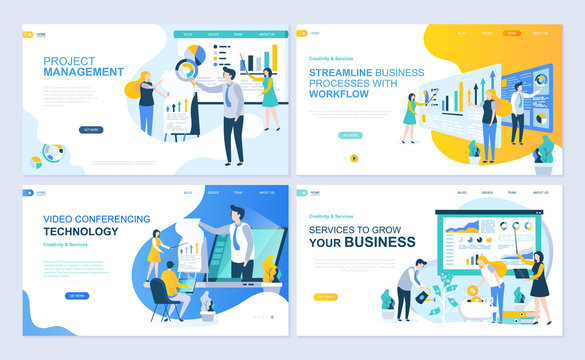 Set of landing page template for project management, business, workflow and consulting. Modern vector illustration flat concepts decorated people character for website and mobile website development.