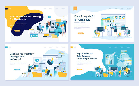 Set of landing page template for data analysis, management, consulting, marketing. Modern vector illustration flat concepts decorated people character for website and mobile website development.