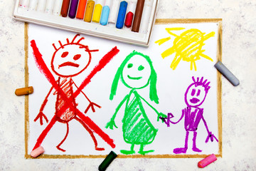 Colorful drawing: Representation of marriage break up or divorce.