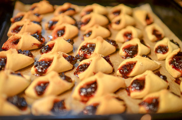 Сookies with jam in the oven. Low DOF. Top view. 