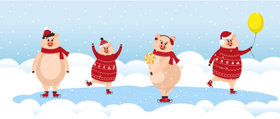 Leisure activities in winter. Funny pigs skate on the ice in winter. Vector illustration