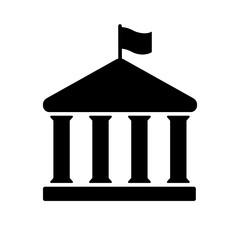 House with columns and flag icon. Building of government, embassy, official institution or establishment with flying banner. Vector Illustration