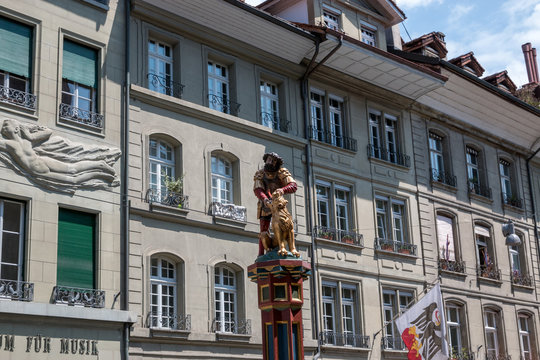 Bern, Switzerland - June 25, 2017: Simsonbrunnen (Samson) fountain in Bern, Switzerland, Europe