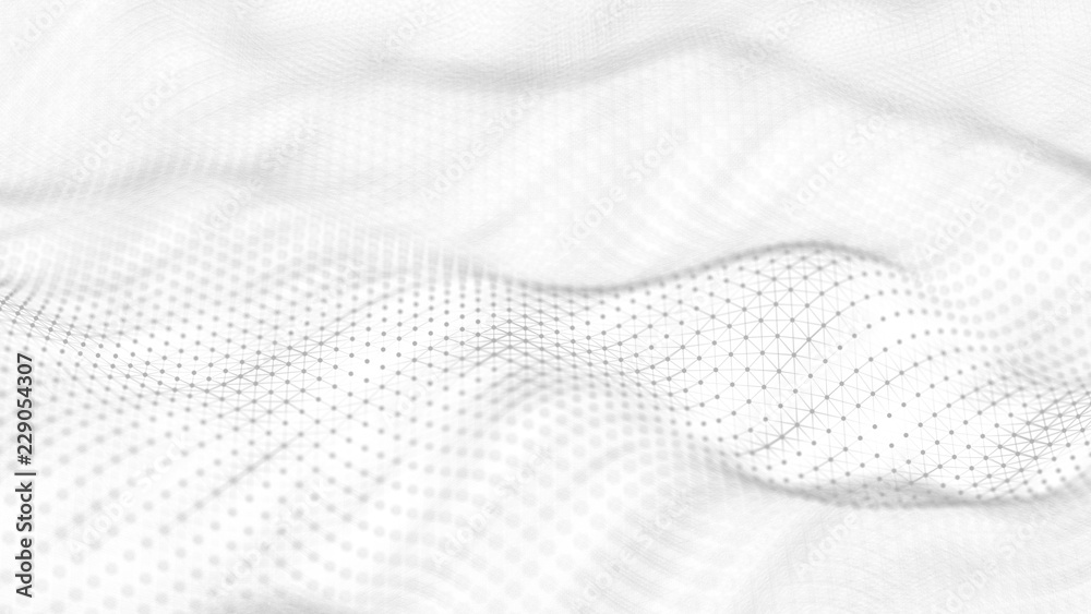 Poster Abstract white futuristic background. Wave white background. connecting dots and lines on white background. 4k rendering.