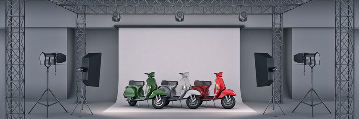 photo studio with a motorbike. 3d rendering