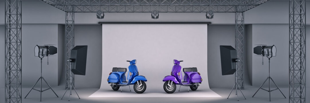 photo studio with a motorbike. 3d rendering