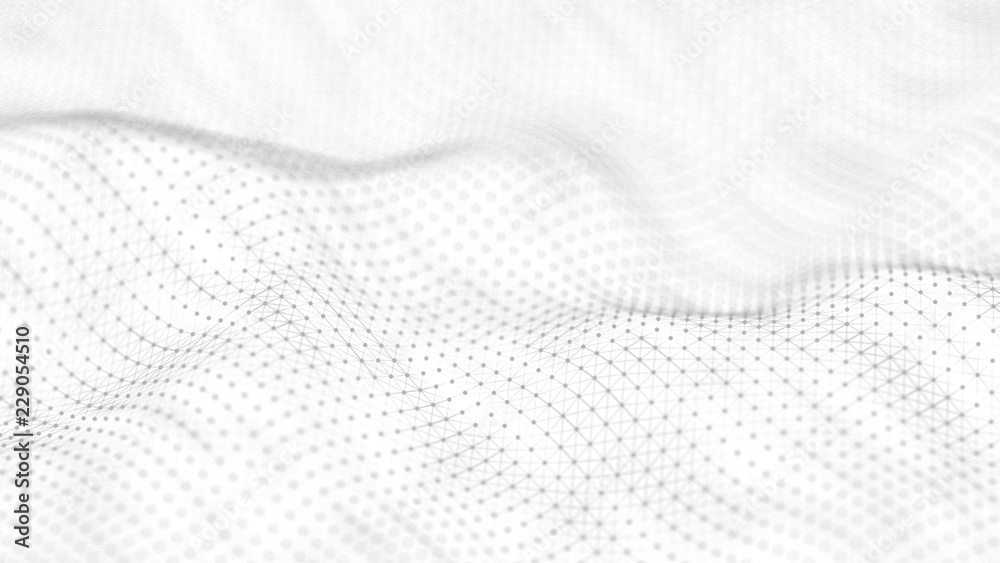 Poster Abstract white futuristic background. Wave white background. connecting dots and lines on white background. 4k rendering.