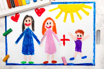 Colorful drawing: Happy lesbian parents and her adopted son. Two mothers and a child