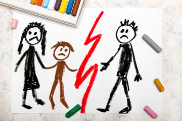 Colorful drawing: Representation of marriage break up or divorce. - 229056139