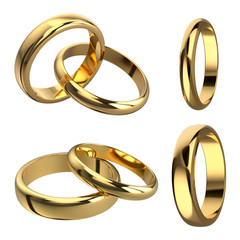 Set of golden jewellery rings isolated on white background. 3d render.