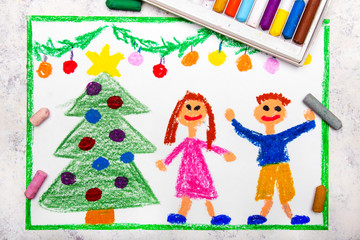 Obraz na płótnie Canvas Colorful drawing: A Christmas time, a smiling couple and a beautiful Christmas tree