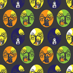 seamless repeat pattern halloween raccoons in costumes with tree and moon on dark grey. Great for halloween costumes, fabric, party decor and more.