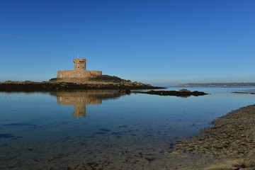 St Ouens Bay, Jersey, U.K.
Uninhabited 19th century tower surrounded by the sea on the turn in Autumn. 