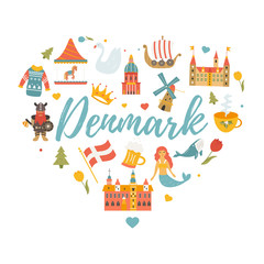 Naklejka premium Banner with danish symbols, famous places